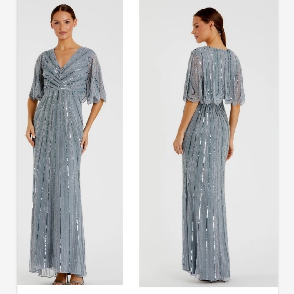 Mac Duggal Slate Blue Sequined V Neck Cape Sleeve Column Gown 93583 SZ 8 NEW